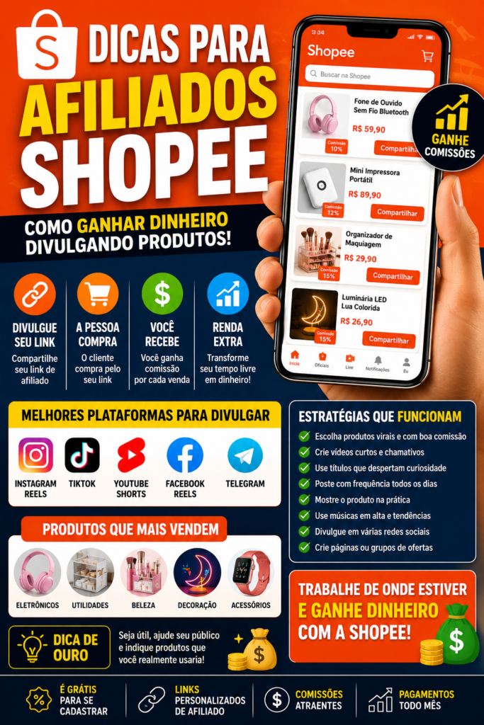 Dicas Para Afiliados Shopee: Como Ganhar Dinheiro Divulgando Produtos em 2026 1 Dicas para afiliados Shopee mostrando estratégias para ganhar dinheiro divulgando produtos